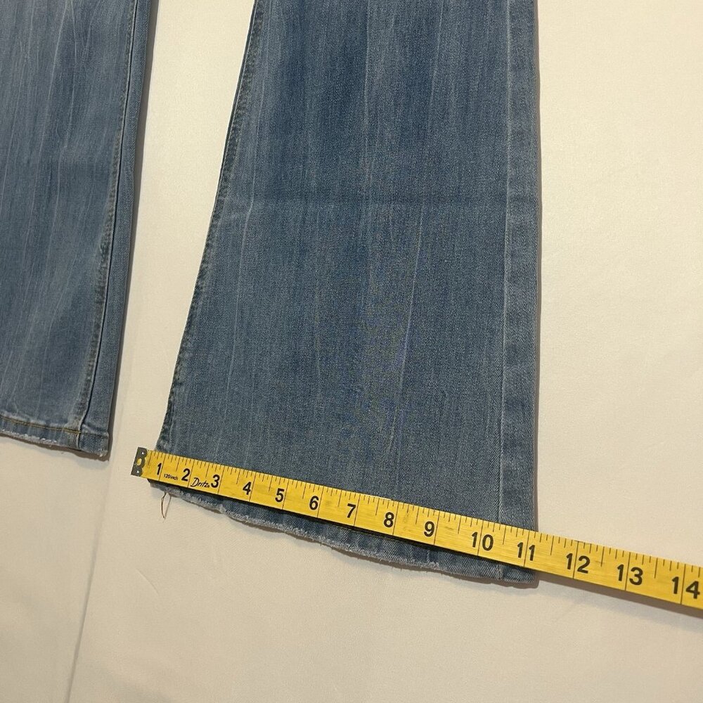 Flamingo Women’s Jeans Mid Rise Flare Leg Size Large Blue Fly Buttons Stretch - Picture 8 of 10